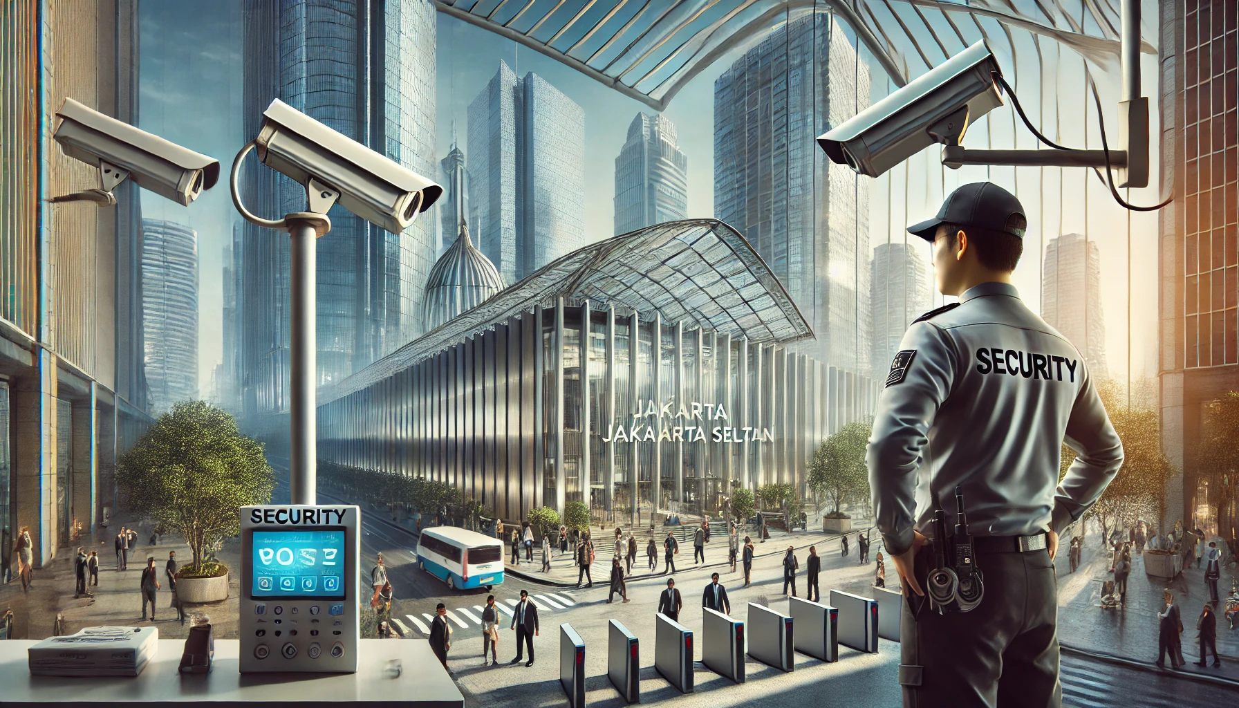 A-scene-depicting-security-measures-in-Jakarta-Selatan.-The-image-features-a-professional-security-guard-monitoring-the-entrance-of-a-modern-office