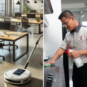 Ilustrasi robot pembersih yang bekerja di kantor, dibandingkan dengan tenaga ahli Jasa Cleaning Service Kantor