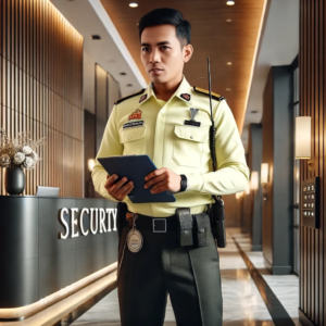 Petugas security profesional sedang berjaga di area lobby apartemen, memastikan setiap tamu terverifikasi sebelum masuk untuk menjaga keamanan penghuni.