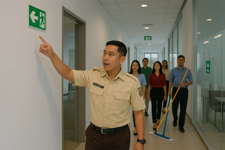 petugas keamanan profesional dari jasa security terlatih sedang melakukan simulasi evakuasi kebakaran di gedung perkantoran
